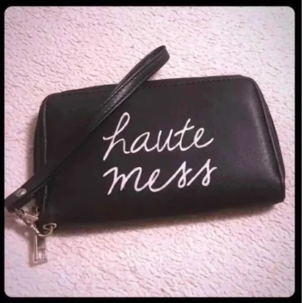 “Haute Mess” Wristlet Clutch Wallet | Black Graphic Zip Pouch - Picture 2 of 3